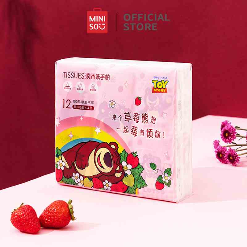 MINISO Strawberry Bear Strawberry Fruit Khăn giấy 12 Gói Túi nhỏ Giấy Khăn ăn Giấy Khăn ăn Dễ thương Di động