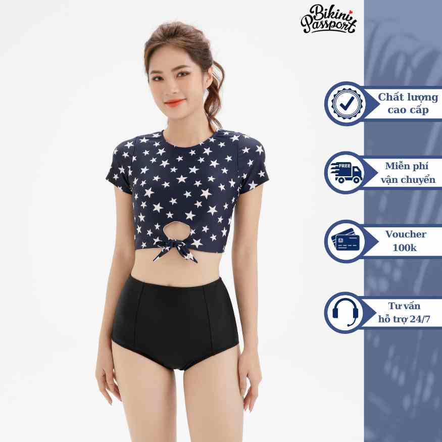 Áo bơi Nữ BIKINI PASSPORT kiểu dáng croptop tay ngắn - màu Đen - BS268_BL