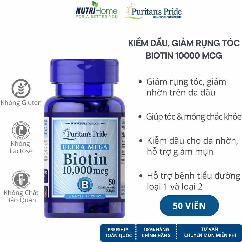 Viên uống kiềm dầu, giảm rụng tóc Biotin 10000 mcg Puritan’s Pride kiềm dầu cho da (Nutri Home) (50 viên)