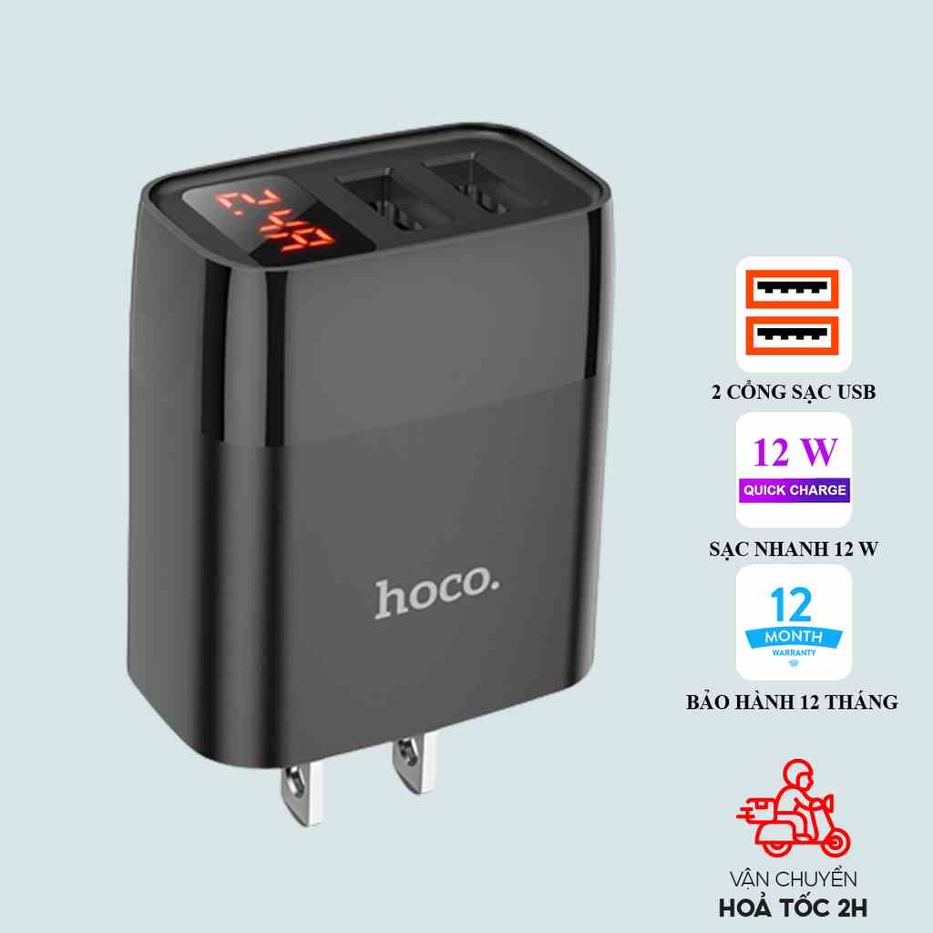 Củ sạc IP Hoco C86 2.4A gồm 2 cổng sạc và đèn LED báo dòng sạc hỗ trợ tối đa 12W