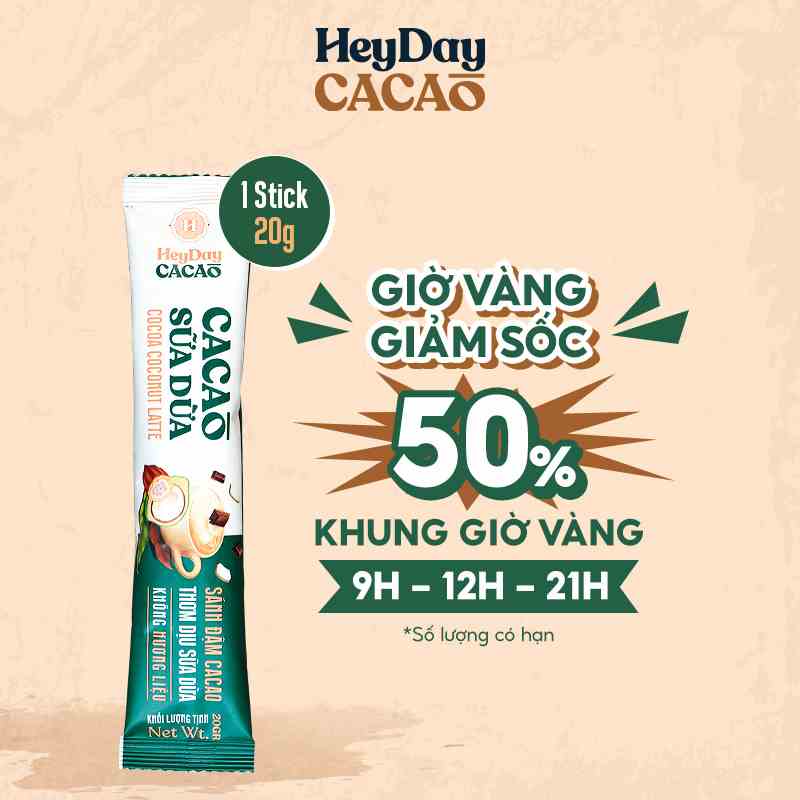 Bột Cacao Sữa Dừa Heyday - Gói Tiện Lợi 20g - Bột cacao sữa dừa tự nhiên, thuần chay - Heyday Cacao