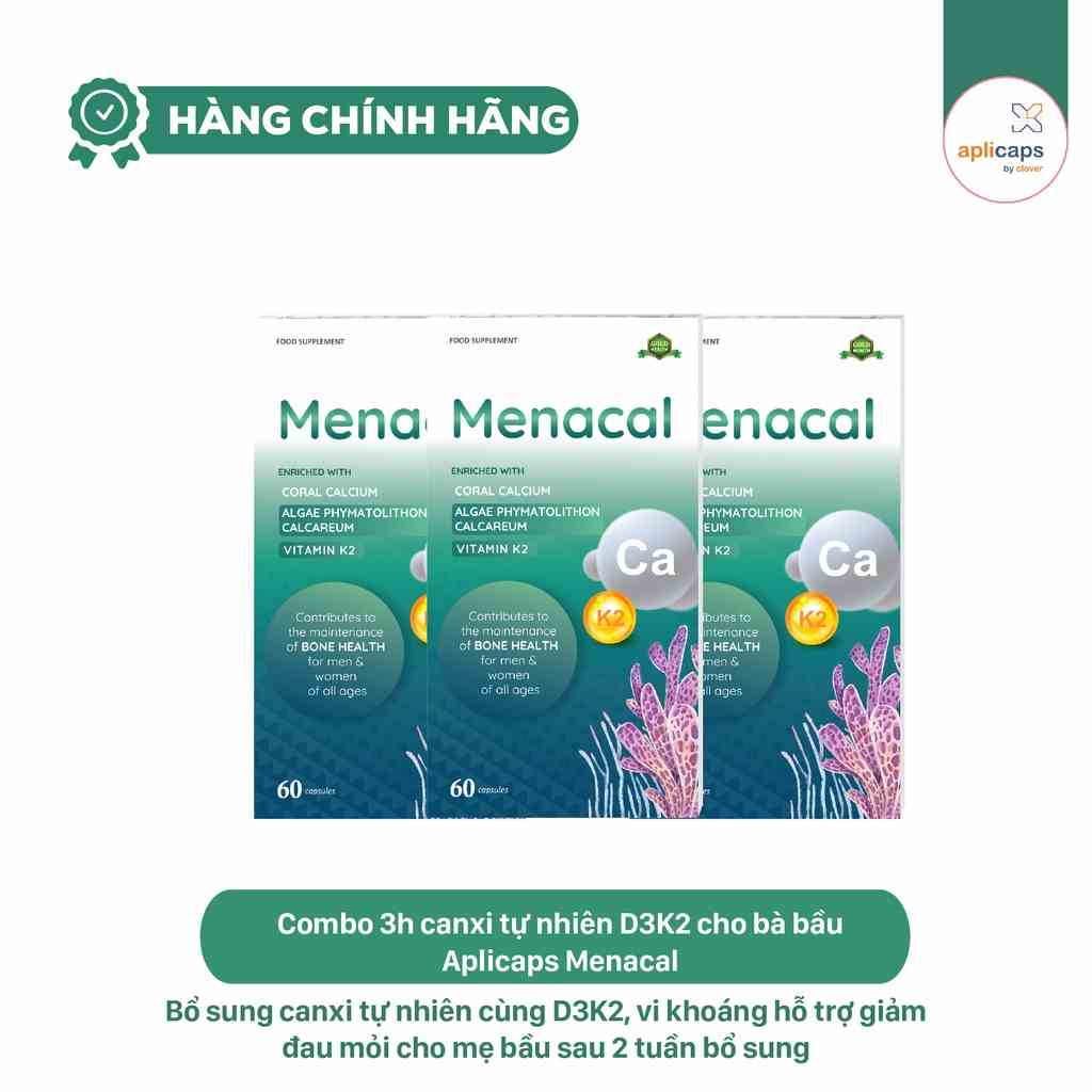 Viên uống bổ sung canxi tự nhiên D3K2 Aplicaps Menacal combo 3 hộp 60 viên