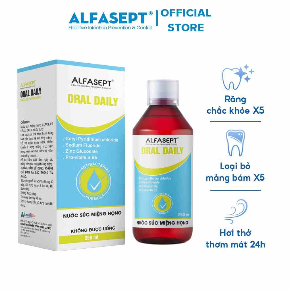 Nước Súc Miệng Họng ALFASEPT Oral Daily Giúp Ngăn Ngừa Sâu Răng Và Củng Cố Men Răng Lọ 250ml