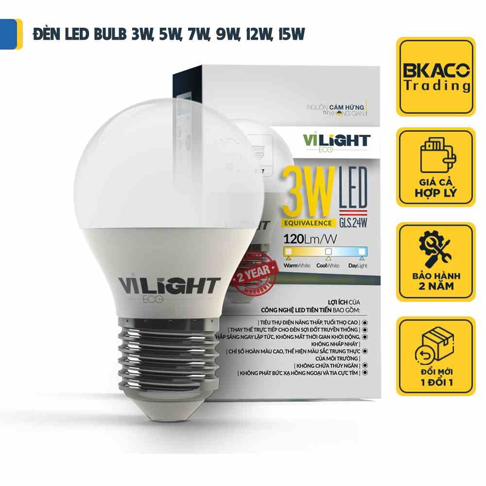 Bóng đèn Led Bulb ViLight E27 tròn 3W, 5W, 7W, 9W, 12W, 15W - Sáng êm dịu, không chói lóa, bảo hành 2 năm đổi mới