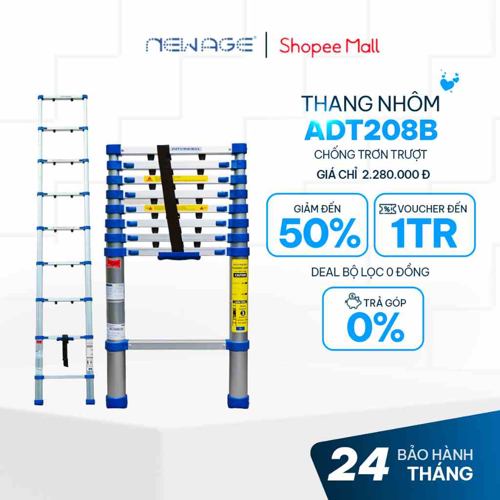 Thang nhôm rút gọn đơn 2.6m Advindeq ADT208B, chống gỉ sét chống trơn trượt đạt chuẩn Châu Âu, bảo hành 2 năm