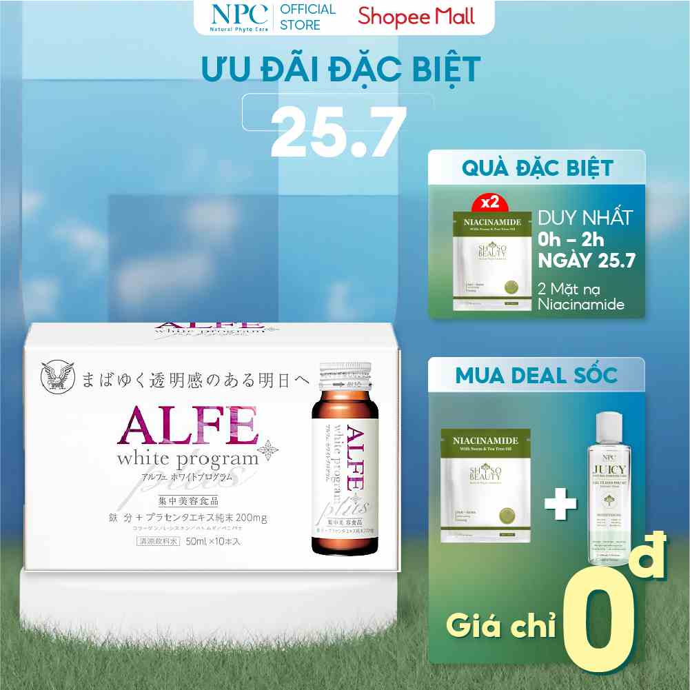 Hộp 10 chai Collagen nội địa Nhật Bản Alfe White Pro - Placenta tinh khiết 200mg dưỡng trắng, làm mịn da 50ml/chai