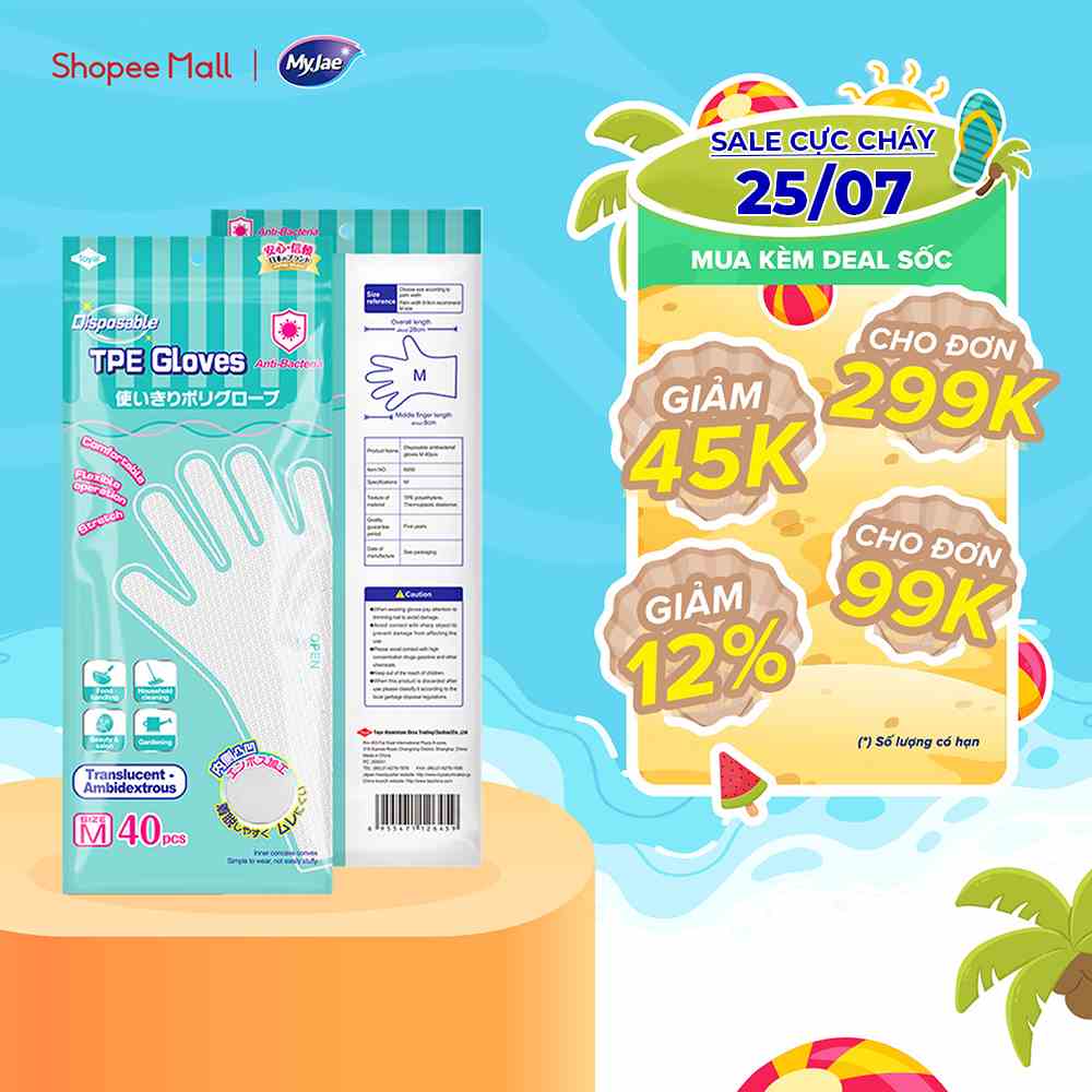 [Voucher 12% - đơn từ 0Đ]Găng Tay Chống Khuẩn TPE MyJae Một Lần Dùng Nấu Ăn, Rửa Chén Bát Size M (40 Cái/Hộp)