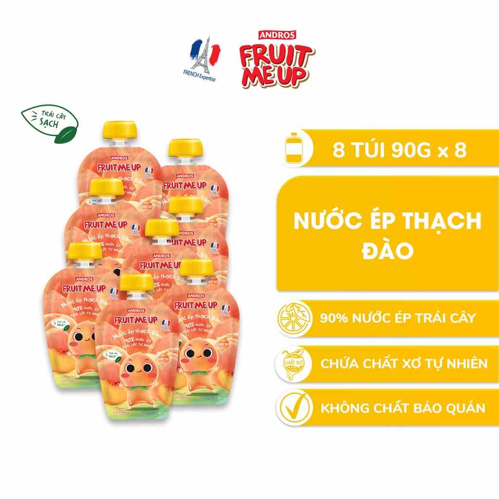 Combo 8 túi Nước Ép Thạch Đào - 90% Nước Ép Trái Cây Thật - ANDROS FRUIT ME UP- 90gx8