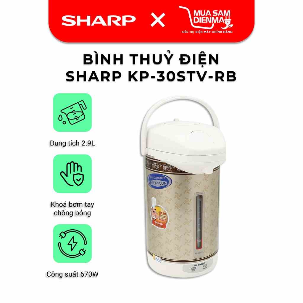 Bình Thủy Điện Inox Sharp KP-30STV(RB) 100 độ Đun Nước Nóng Giữ Nhiệt Công Suất 670W Dung Tích 2.9L