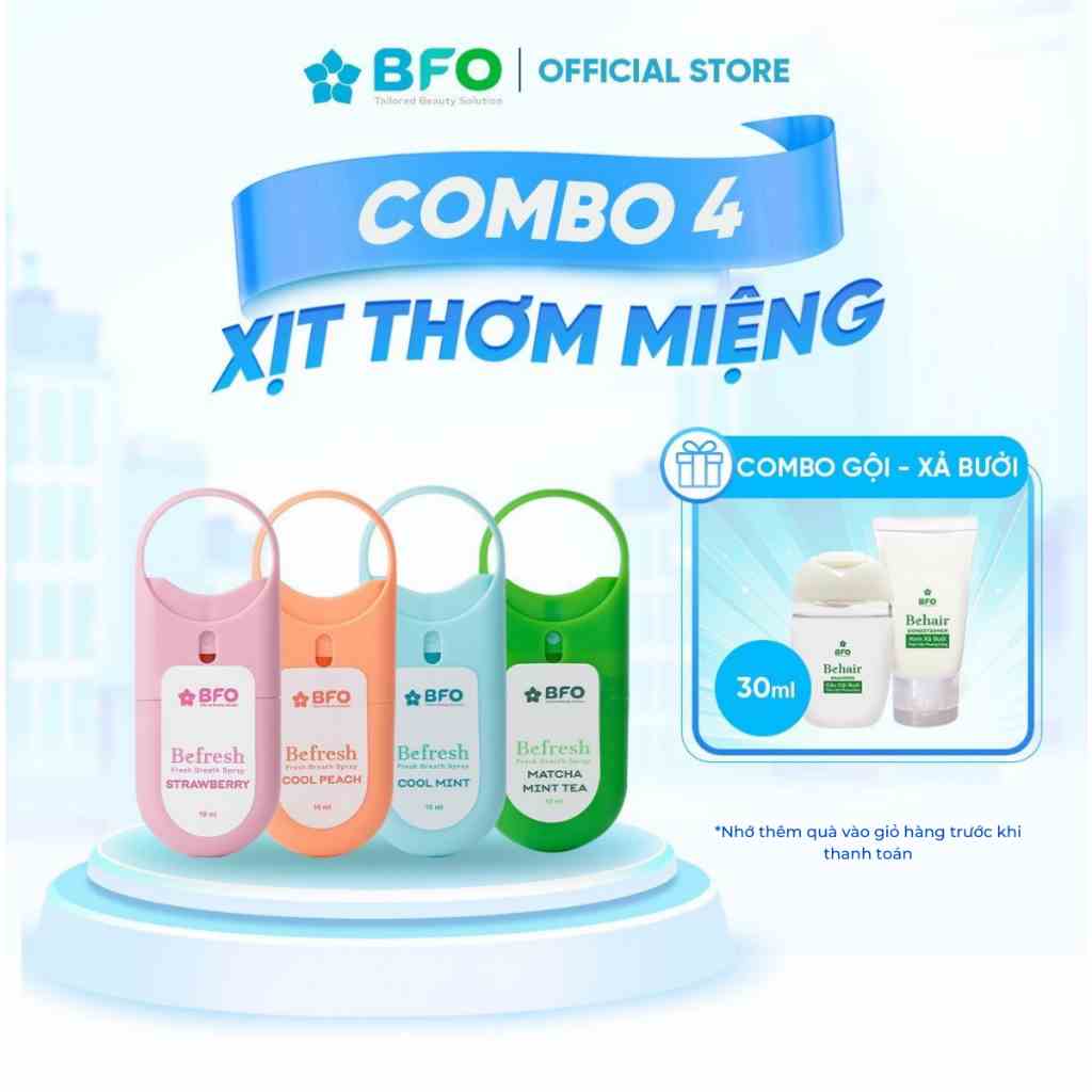 [TẶNG KÈM COMBO GỘI XẢ BƯỞI 30ML] Combo 4 Xịt Thơm Miệng BFO Cho Hơi Thở Thơm Mát 10ml