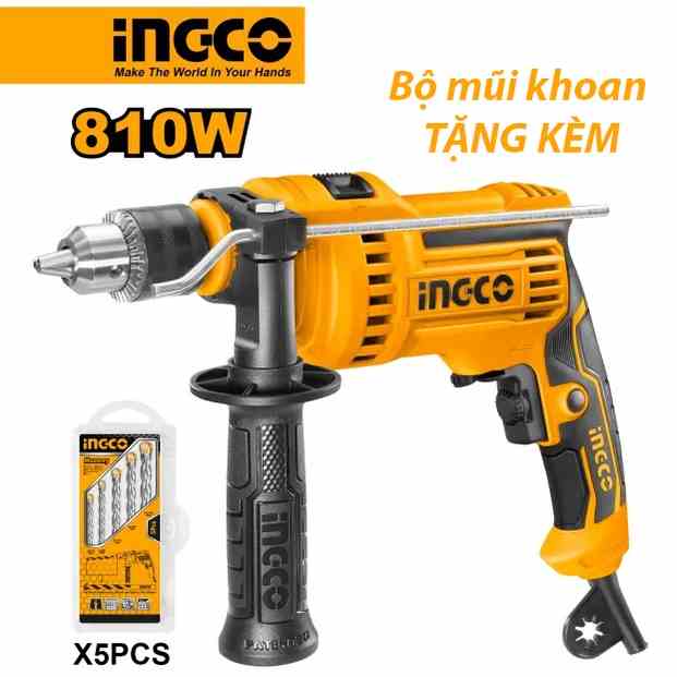 Máy khoan tường, khoan gỗ, khoan kim loại INGCO ID81085 dùng điện 810W Ø1.5-13mm (Tặng kèm bộ 5 mũi khoan bê tông trơn)