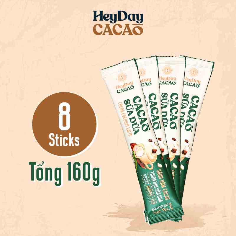 [Tổng 160g] Bột Cacao Sữa Dừa Heyday - Combo 8 Gói Tiện Lợi 20g - Bột cacao sữa dừa tự nhiên, thuần chay - Heyday Cacao