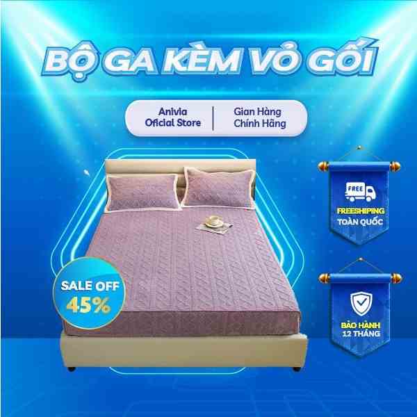 Bộ ga kèm 2 vỏ gối len lông cừu vặn thừng cao cấp Anivia, Chất lông cừu mềm giữ ấm nhanh không rụng lông