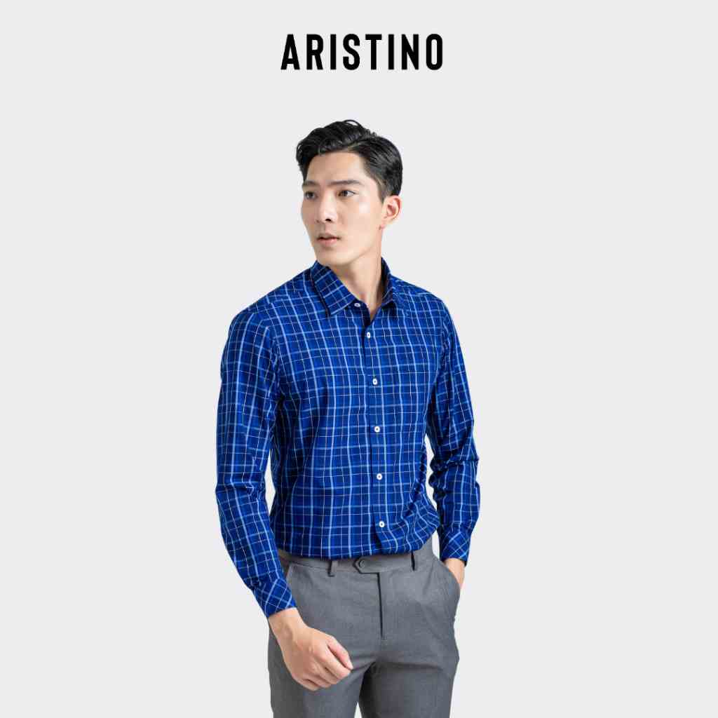 Áo sơ mi dài tay nam ARISTINO phom Regular fit, thiết kế tà lượn, màu xanh tím than kẻ trắng thanh lịch - ALS26301