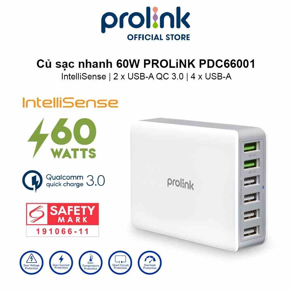 Củ sạc nhanh 60W PROLiNK PDC66001, 6 cổng 2xUSB-A QC 3.0 & 4xUSB-A, IntelliSense, sạc điện thoại, máy tính bảng, laptop