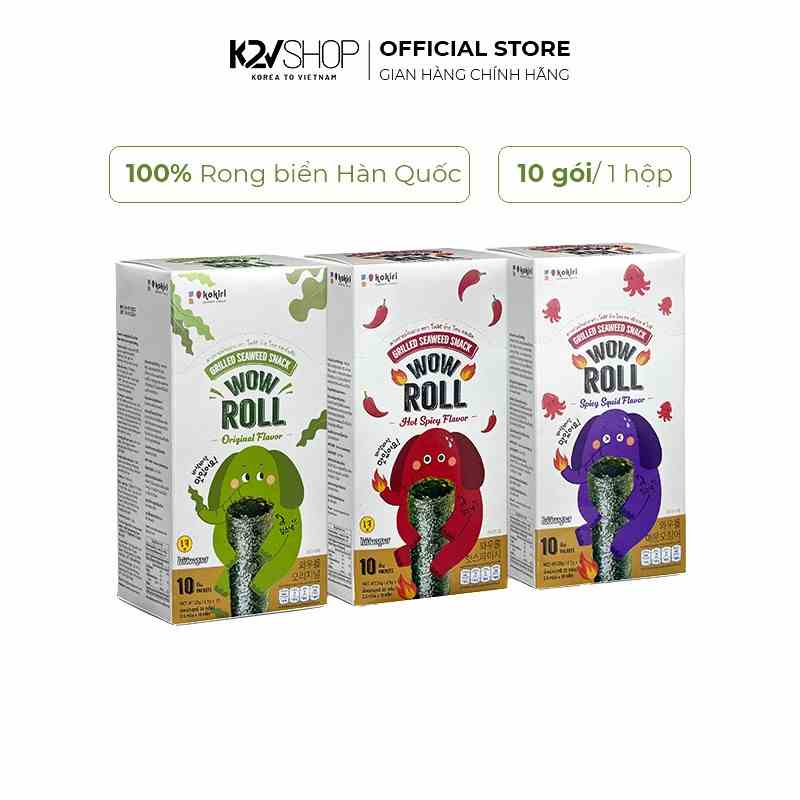 [Mã BMLT35 giảm đến 35K đơn 99K] Snack Rong Biển Ăn Liền Con Voi Wow Roll Vị Truyền Thống, Vị Cay, Vị Mực Cay 10 Gói/Hộp