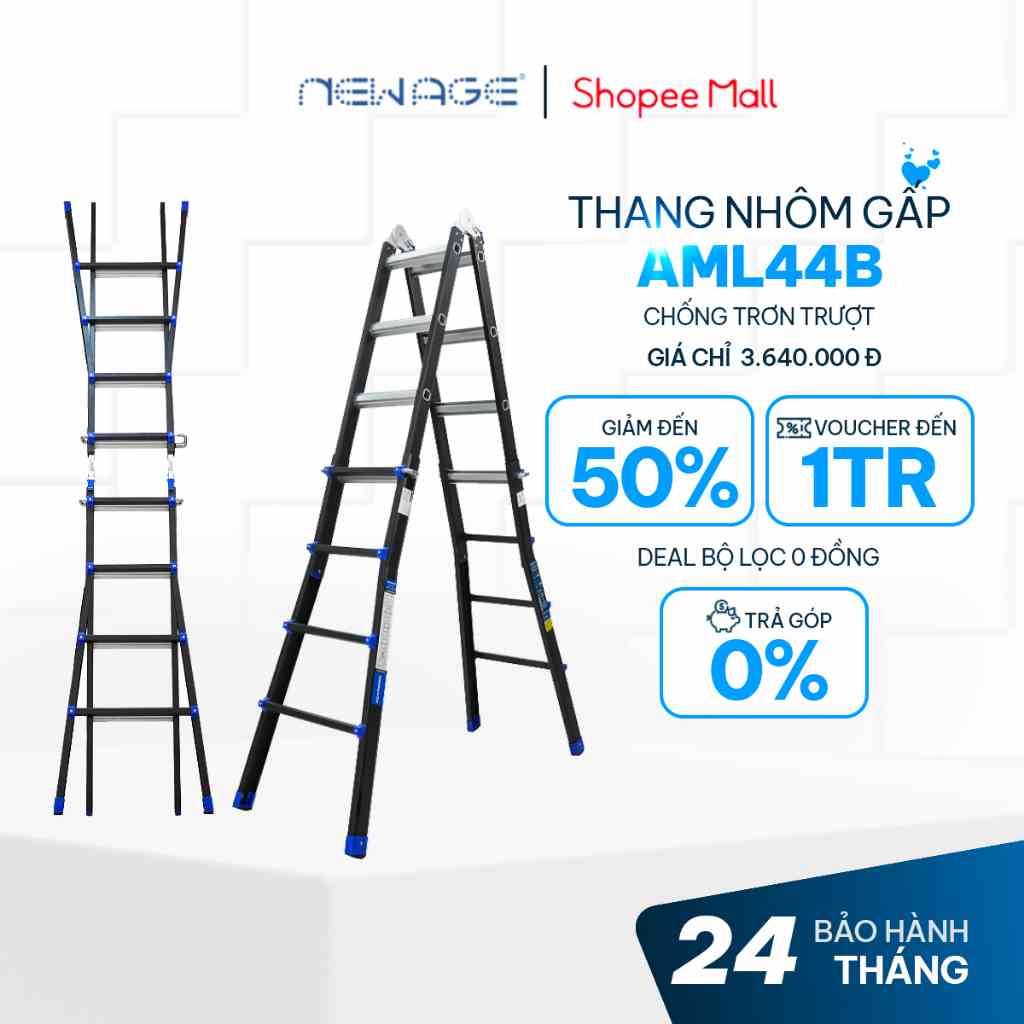 Thang Nhôm Gấp Và Rút Đa Năng 4 Đoạn 4,4m ADVINDEQ AML44, linh hoạt 5 tư thế, khóa sập tự động an toàn, tải trọng 150kg