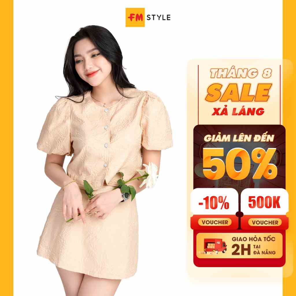 Set đồ nữ sang chảnh FM STYLE áo kiểu croptop tay ngắn bồng cổ tròn kèm chân váy ngắn chất liệu gấm hoa ép 22110701