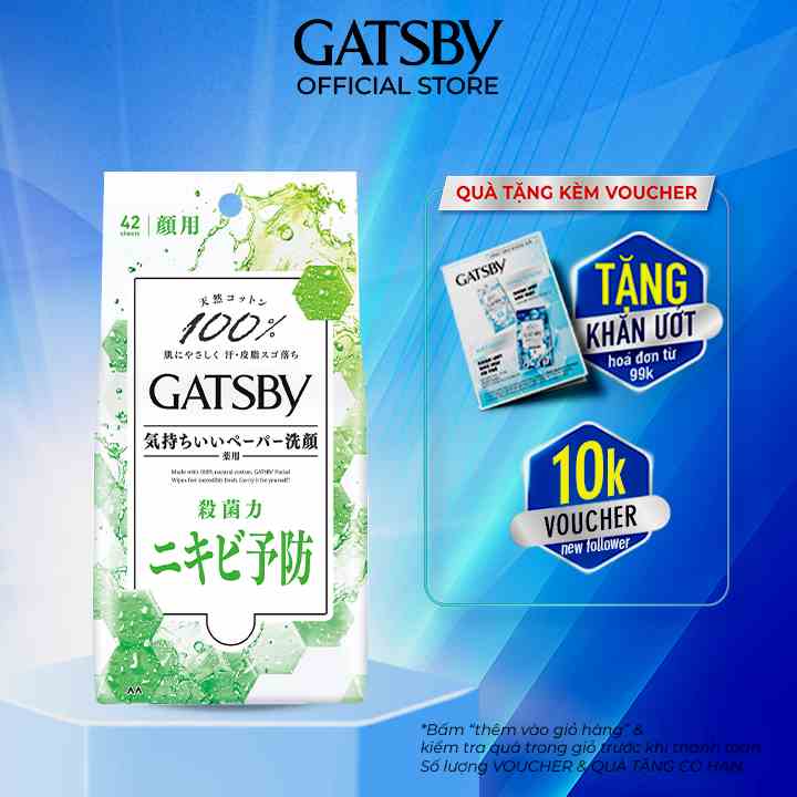 Khăn Ướt Lau Mặt GATSBY FACIAL WIPES ACNE CARE TYPE R 100% Cotton Sạch Da Ngăn Ngừa Mụn 42 tờ