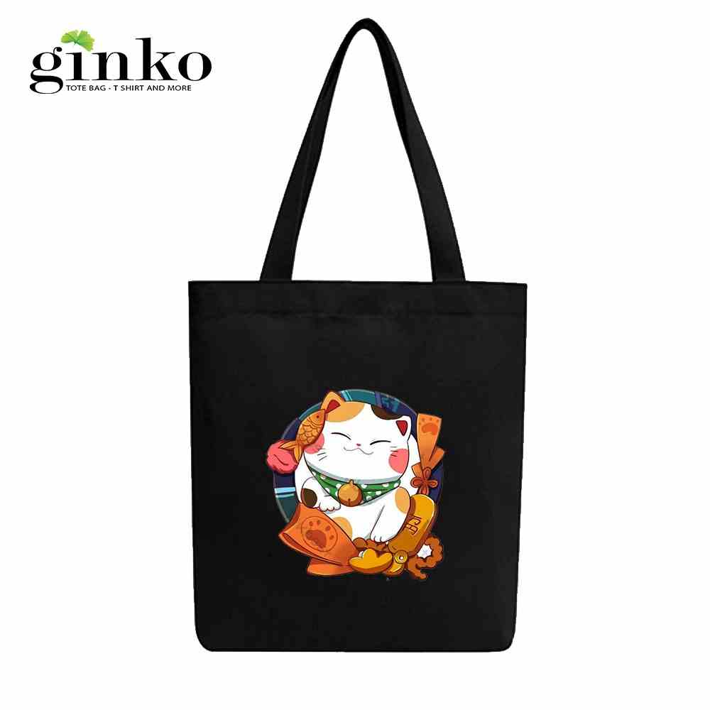 Túi Tote GINKO Vải Canvas  có dây kéo khóa (có túi con) In Hình Mèo Thần Tài Cute 2023-GK20