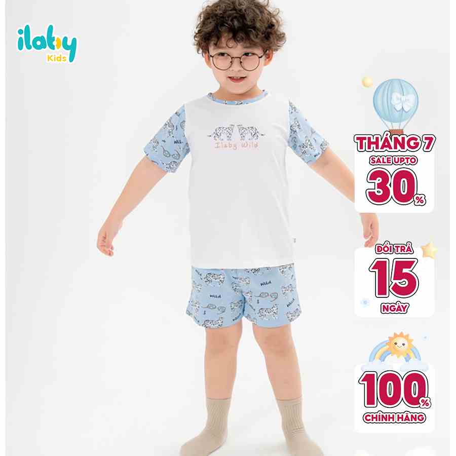 Bộ thun bé trai ILABY in hình phối hoạ tiết chất liệu cotton thoáng mát 2 màu xanh - be [50IB1331A3HM]