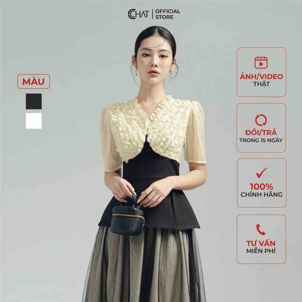 Áo Kiểu Nữ 𝐂𝐂𝐇𝐀𝐓 Cổ V Bèo Thân Tà Peplum Chất Tuytsi Hàn Mềm Mịn 53ANS8002PT