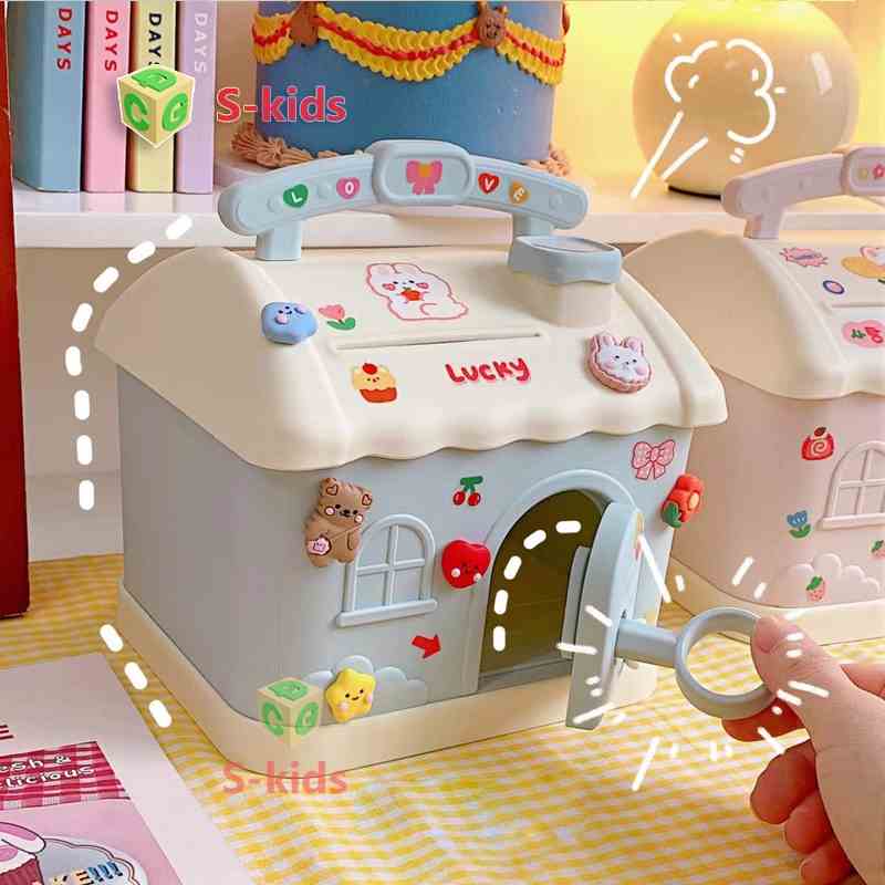 Hộp đựng tien tiết kiệm cho bé hình ngôi nhà dễ thương có khóa. Đồ chơi ống heo piggy bank S-kids