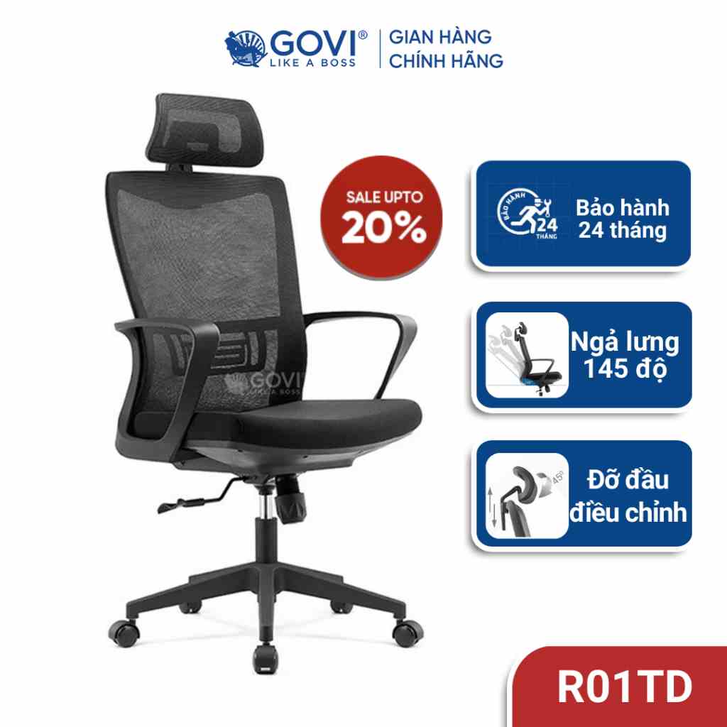 Ghế công thái học GOVI R01TD - Thiết kế tinh tế, bọc vải lưới cao cấp, đệm ngồi êm ái, tay nhựa PP cố định chắc chắn