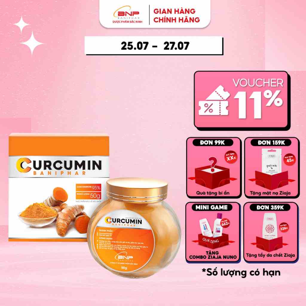 Tinh bột nghệ Curcumin nguyên chất 95% Baniphar tăng sức đề kháng cho người lớn hộp 50gr