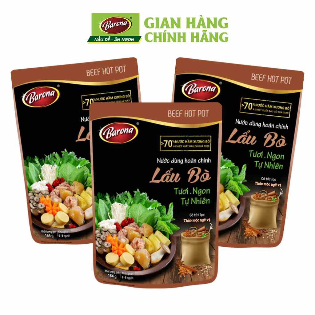 Combo 3 gói Nước dùng Lẩu Bò Barona 164g tươi ngon chuẩn vị không cần nêm nếm