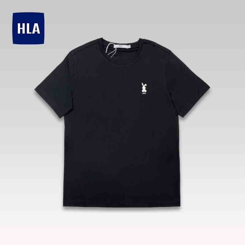 HLA - Áo thun nam ngắn tay thêu logo thỏ LUCKY Bunny pattern on chest short sleeves black T-shirt