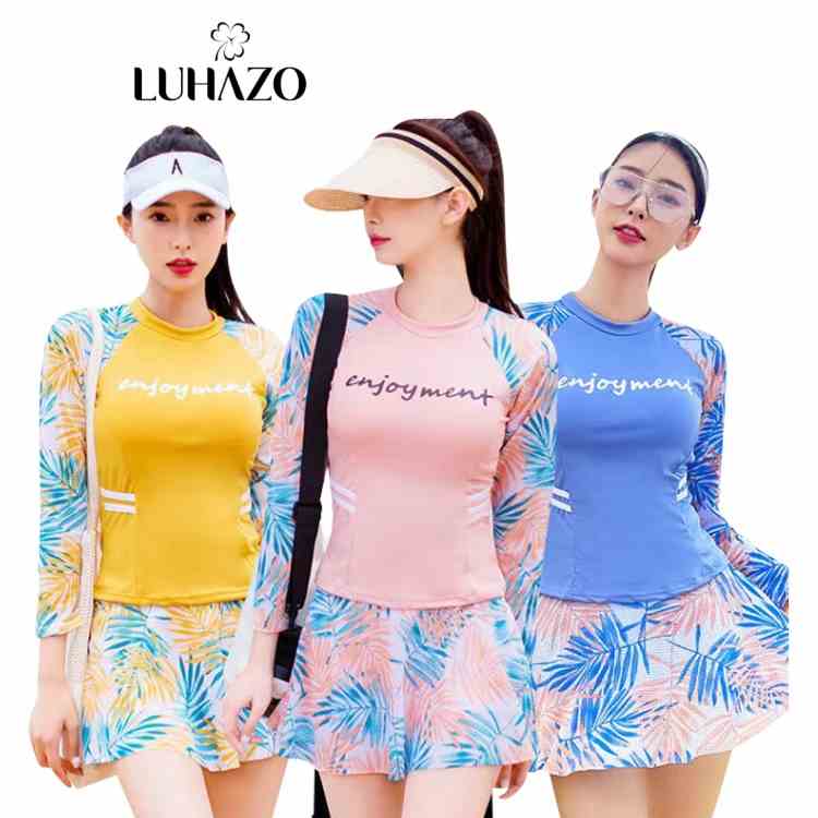 Bikini Dài Tay LUHAZO Hàn Quốc dạng váy  2023 Hoa Xanh Vàng Hồng Hai Mảnh dạng váy Cạp Cao Quảng Châu TDHX 8389 DK2T201