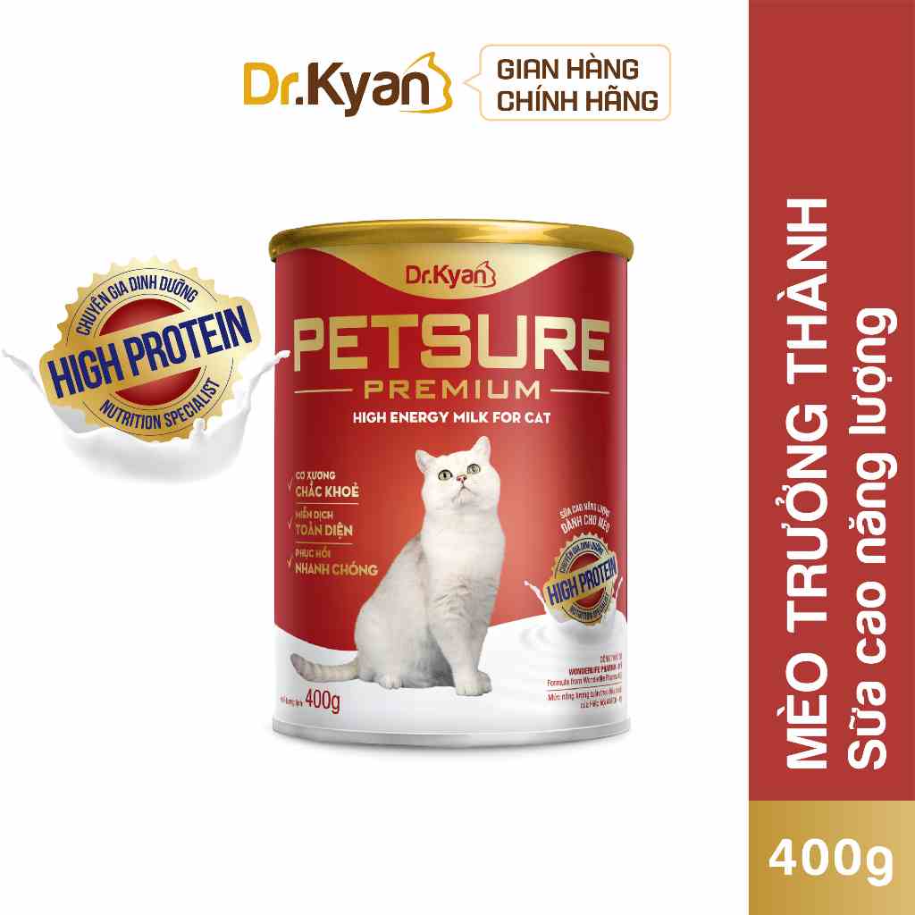 [Mã BMLTB200 giảm đến 100K đơn 499K] Dr.Kyan - Sữa bột PETSURE - Cao năng lượng cho mèo lon 400g