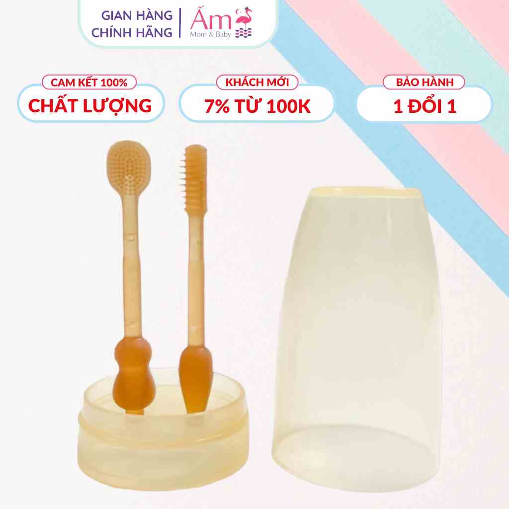 Dụng Cụ Rơ Lưỡi Silicon Và Bàn Chải Siêu Mềm Ấm Baby Cho Bé từ 1 - 18 Tháng Có Nắp Đậy Vệ Sinh Ấm Gift Decor