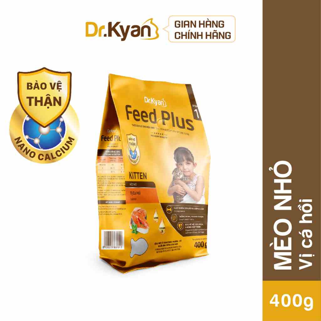 [Mã BMLTB200 giảm đến 100K đơn 499K] Dr.Kyan - Thức ăn hạt cho mèo nhỏ Feed Plus - Kitten 400g - Vị cá hồi