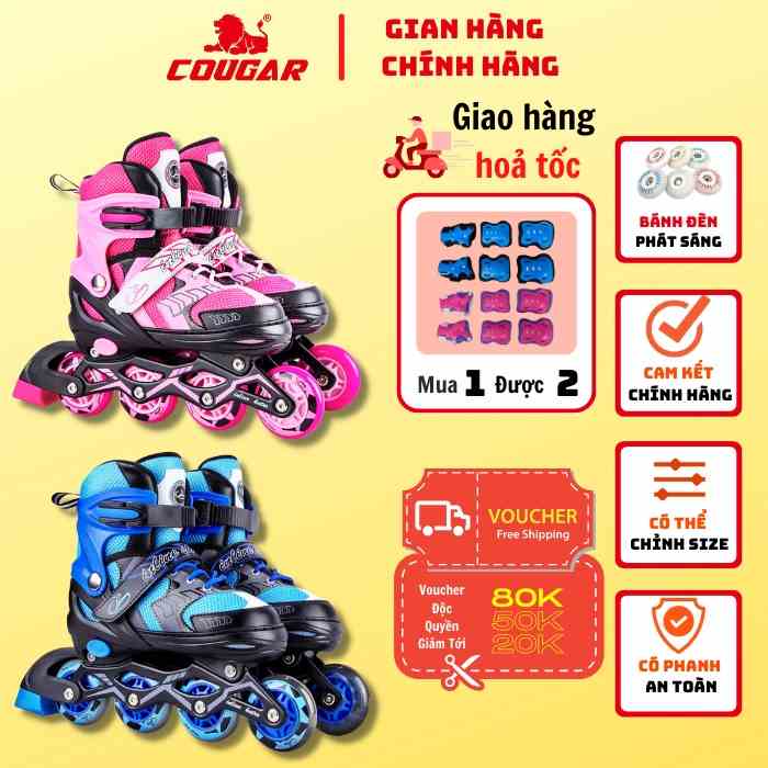 Giày Patin Trẻ Em COUGAR Papaison A9 - Bánh Đầu Có Đèn Phát Sáng, Form Chắc Chắn Tặng kèm bảo hộ tay chân