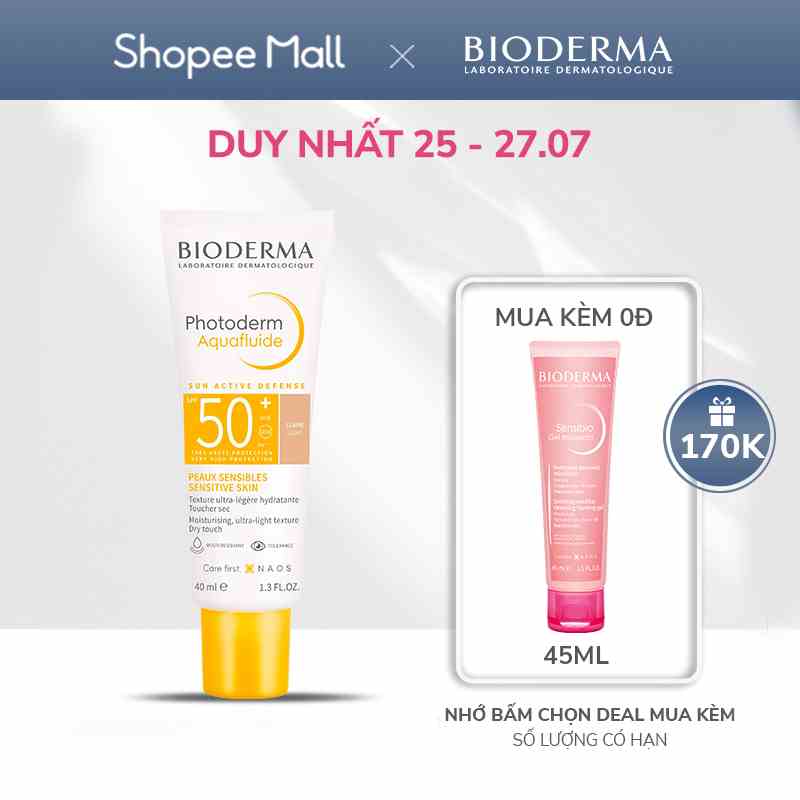 Kem chống nắng giảm bóng nhờn cho mọi loại da Bioderma Photoderm Aquafluide SPF50+ Claire 40ml [Màu da Tự nhiên]