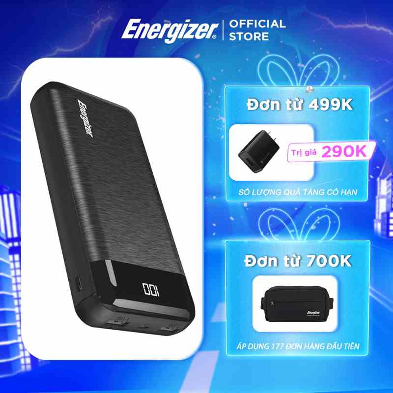 Pin dự phòng Energizer 20000mAh UE20058 - 2 cổng outputs, 2 cổng inputs tiện lợi - Hàng chính hãng