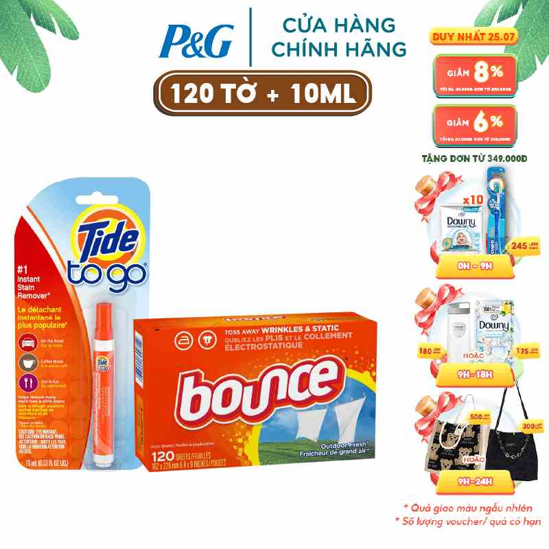 Bộ đôi Giấy thơm Bounce SHEETS Outdoor Fresh 120 Tờ và Bút tẩy vết bẩn Tide 10ml