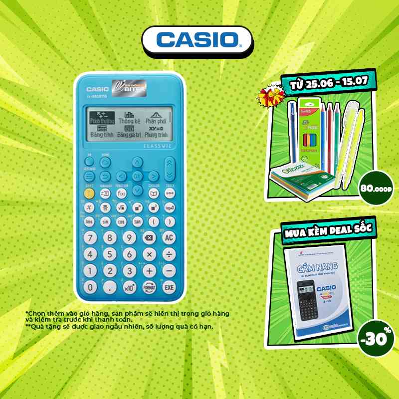 Máy tính học sinh Casio Fx-880BTG màu xanh dành cho học sinh cấp 2 cấp 3 lớp 6 đến lớp 12 chuyên dụng mang vào phòng thi