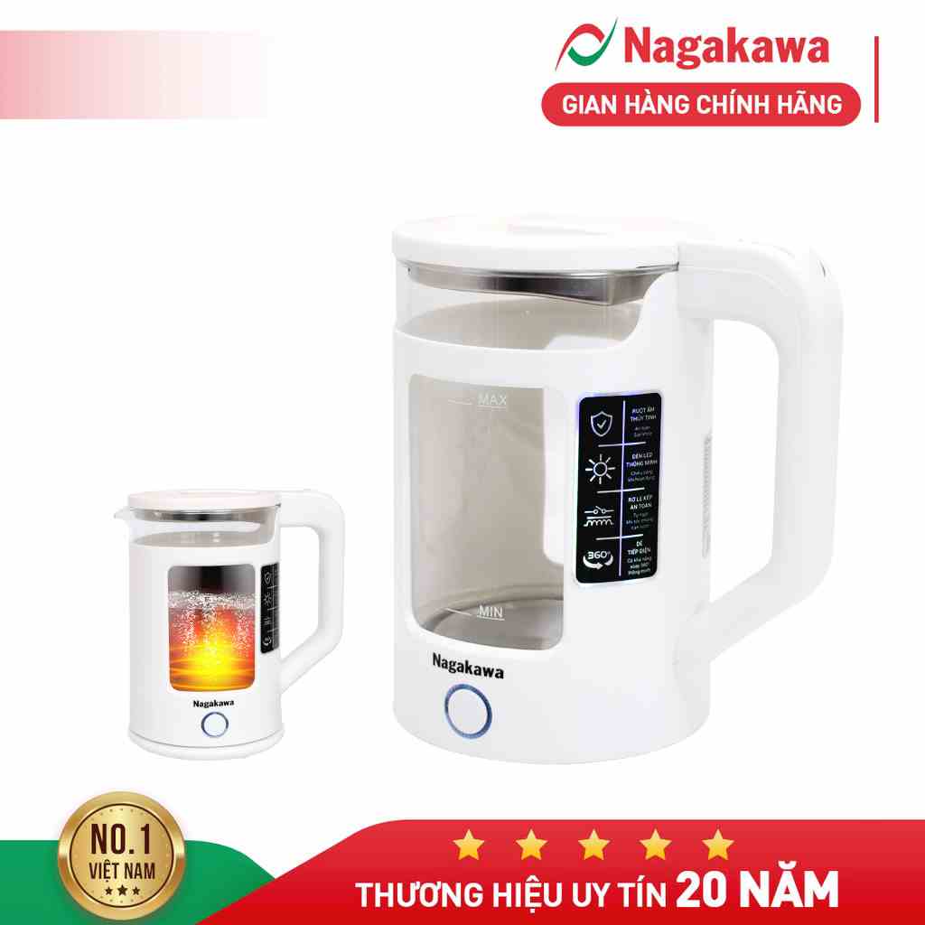 Ấm siêu tốc thủy tinh Nagakawa NAG0318 (1.7L - 1355W) - Bảo hành 12 tháng