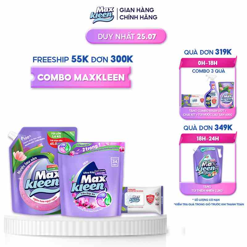 Combo MaxKleen: Chai Lau Sàn 3.6kg Ngàn Hoa Ngọt Ngào + Túi Viên Giặt Xả Mới + Nước Lau Bề Mặt Đa Năng