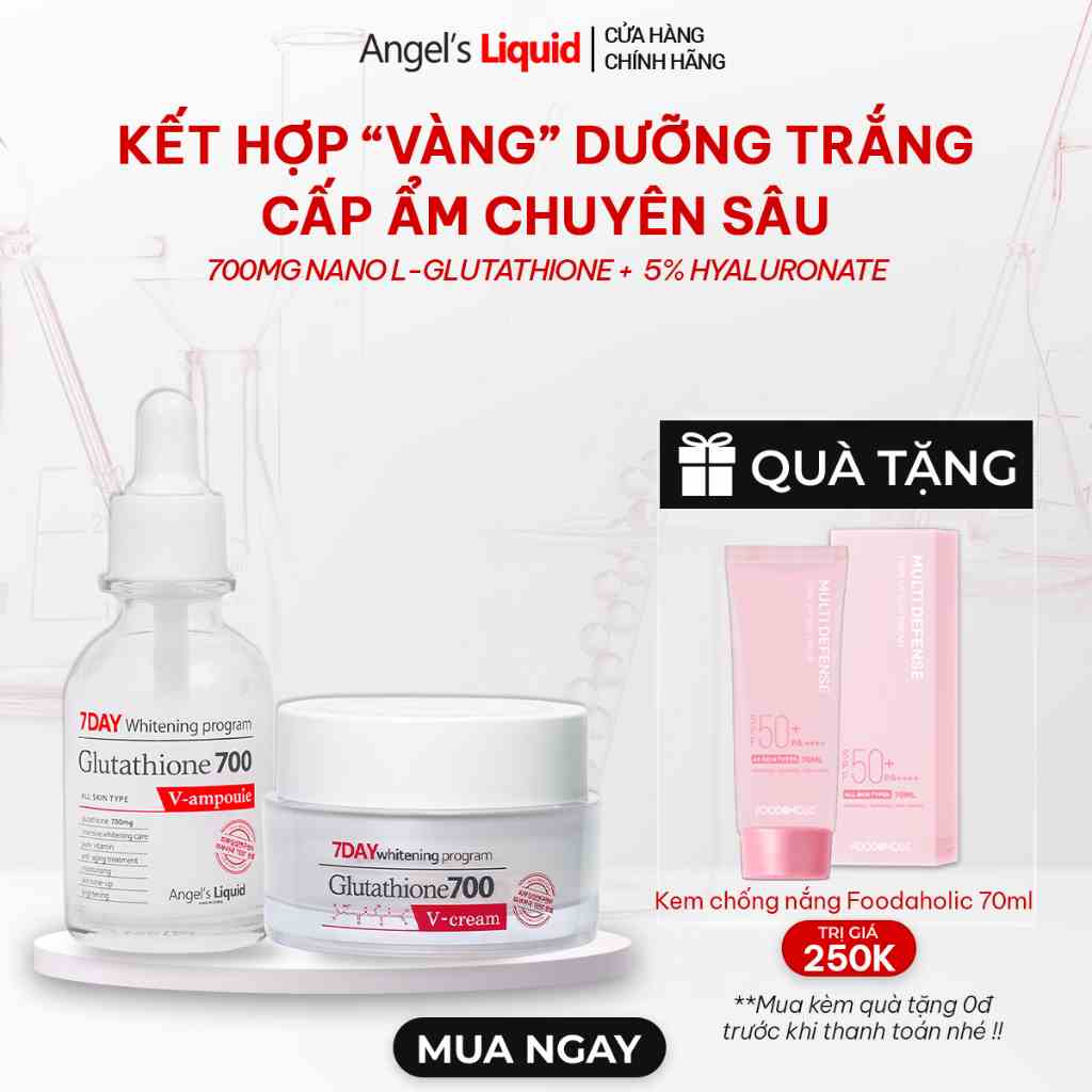 Bộ Đôi Serum, Kem Dưỡng Trắng Da, Cấp Ẩm Đa Tầng Angels Liquid Glutathione 700mg + 5% HA Serum 30ml & Cream 50ml