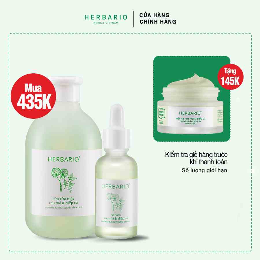 Bộ 3 chăm sóc da mụn cơ bản Rau má & Diếp cá Herbario: Sữa rửa mặt 200ml + Serum 30ml + Mặt nạ 30ml