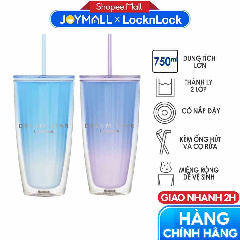 Ly nhựa LocknLock 2 lớp 750ml HAP522 - Hàng chính hãng kèm ống hút cọ rửa, cách nhiệt tốt, miệng rộng - JoyMall