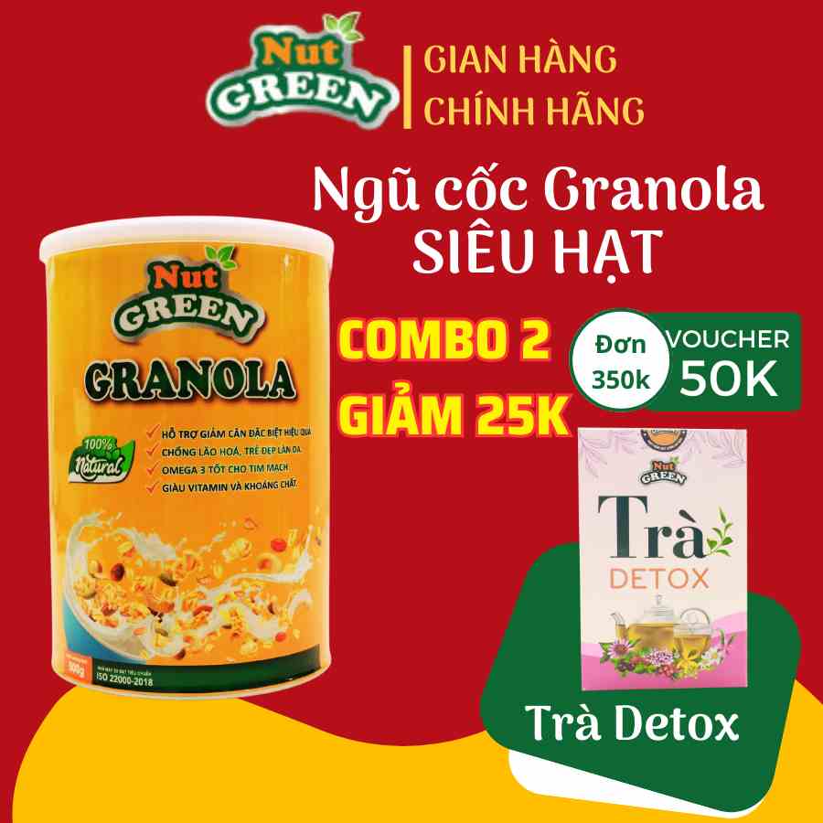 Ngũ Cốc Granola Siêu Hạt Mix Hoa Quả NutGreen 500G Hỗ Trợ Ăn Kiêng Giảm Cân 5 Vị