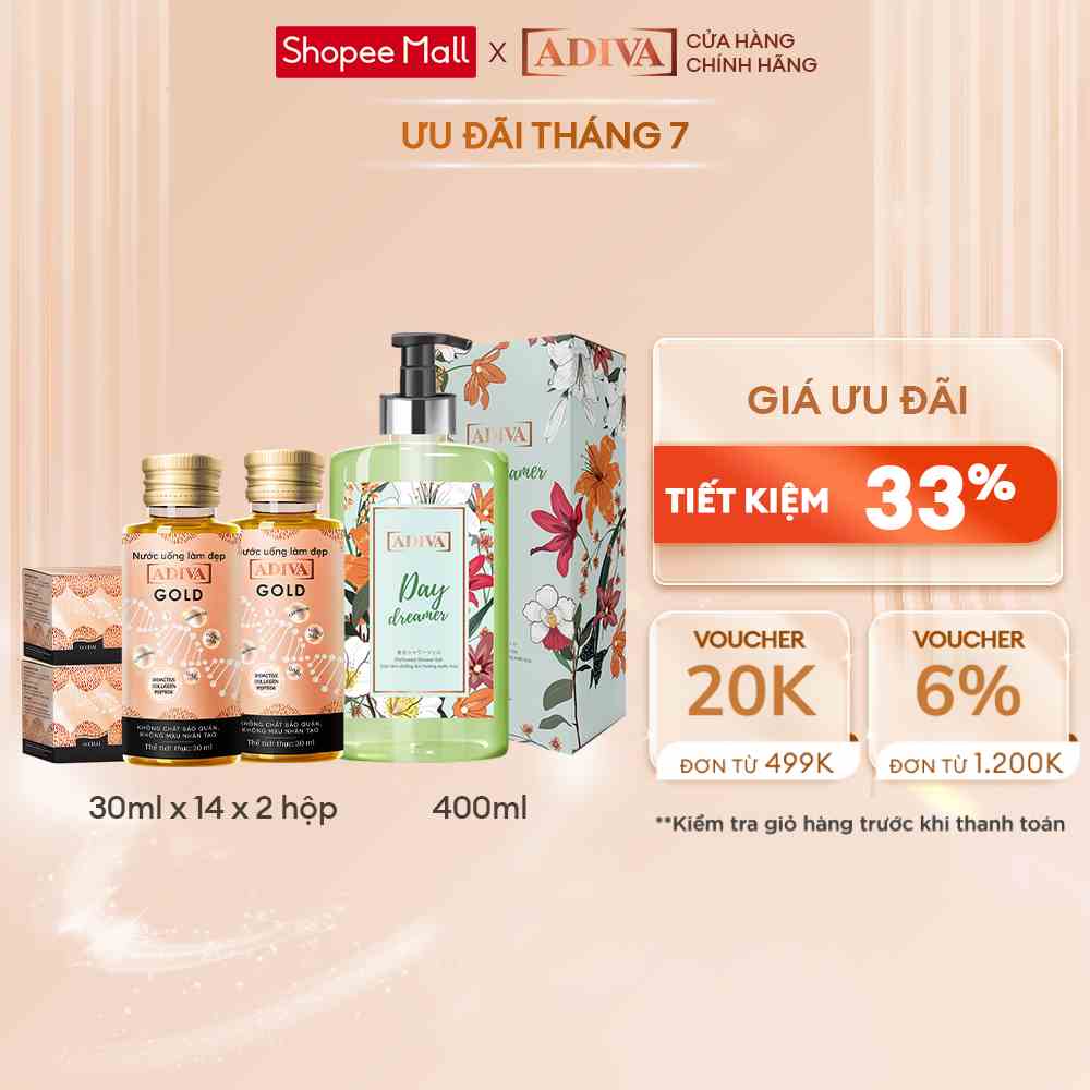 Combo 2 Hộp Nước Uống Làm Đẹp Collagen ADIVA Gold (14 Chai/Hộp) Tặng 1 Sữa Tắm ADIVA Day Dreamer 400ml