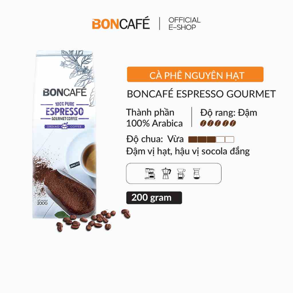 Cà phê hạt nguyên chất Arabica rang đậm Espresso Boncafé Gourrmet 500g/gói - Cà phê pha phin, pha espresso