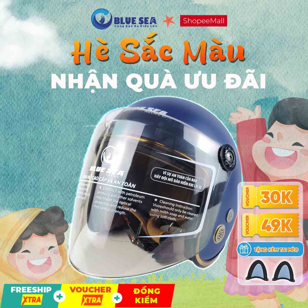 Mũ Bảo Hiểm 3/4 - Blue Sea A100K - Sơn Bóng - Kính Chắn Gió Cao Cấp - Lót tháo rời - Chính hãng