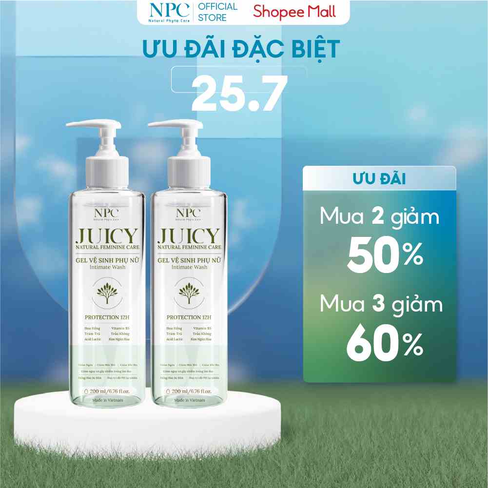 [Mã BMTTC60K giảm đến 60K đơn 50K] COMBO 2 chai dung dịch vệ sinh phụ nữ Juicy 200ml tinh chất trầu không